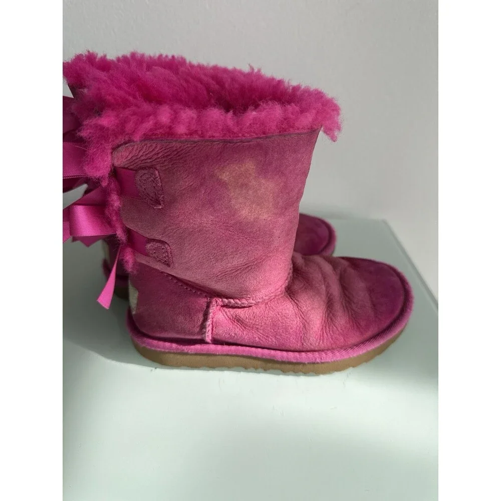 ✿ UGG Kids Pink Suede Shearling Bow Back Boots Winter Warm Girls Size 12 USA
